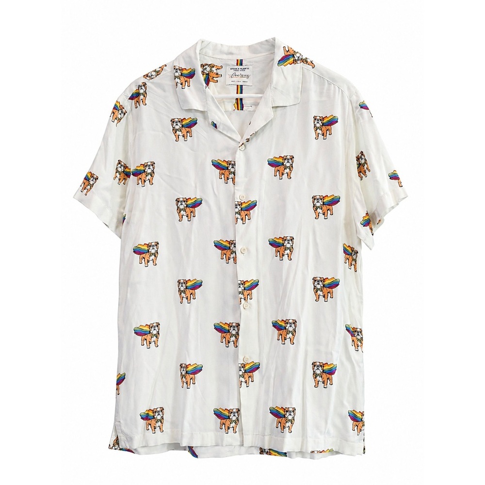 Denim & Flower Rainbow Bulldog Shirt Mens White Short Sleeve Button Up